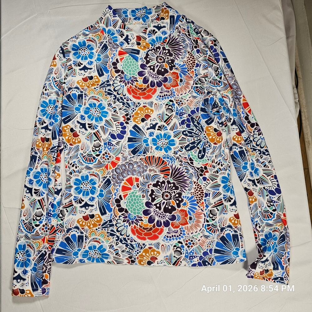 Colorful Floral Print Long Sleeve Top Women’s Size L V-Neck Stretch Blouse